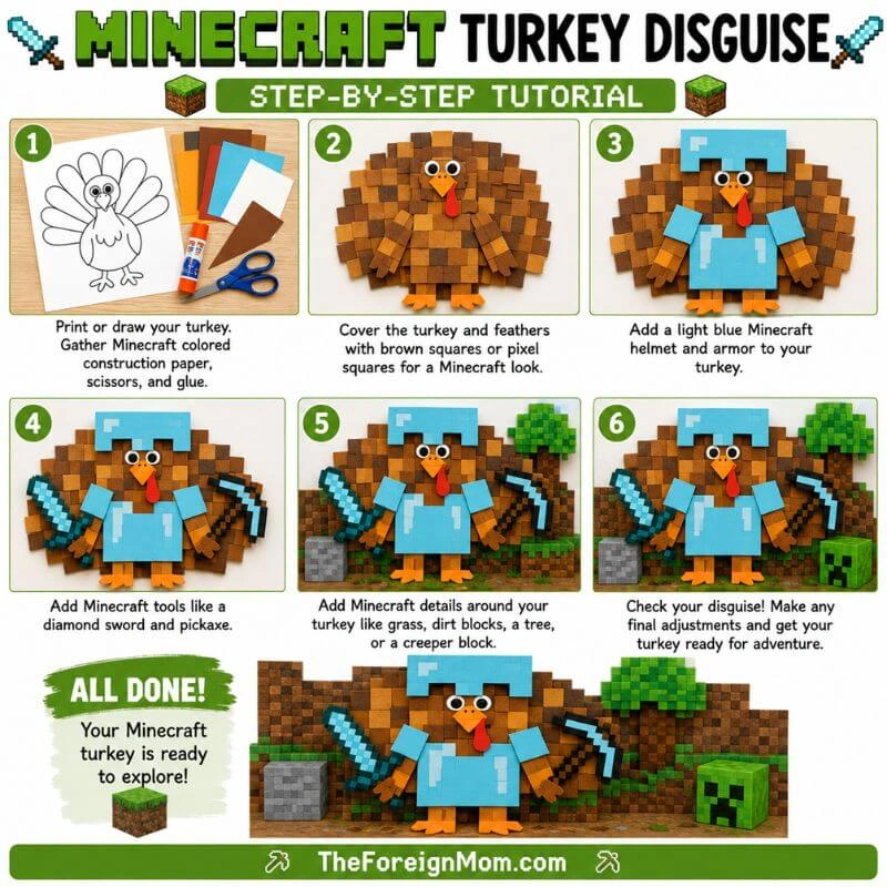 Minecraft turkey disguise craft with pixel armor, diamond sword, pickaxe, and step-by-step instructions.