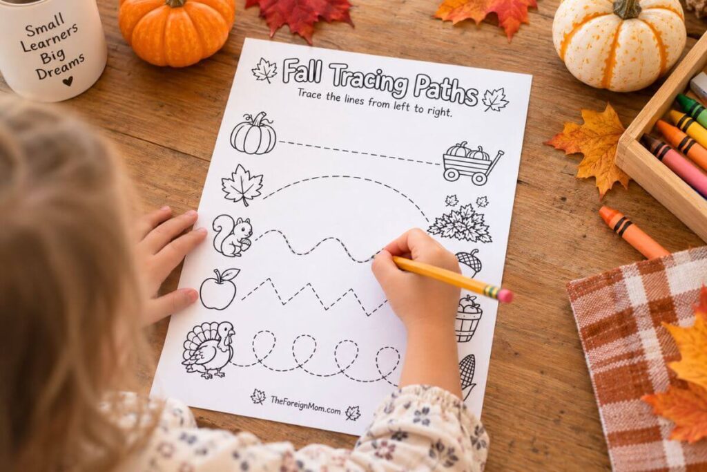 Preschooler practicing fine motor skills with a fall tracing paths worksheet.