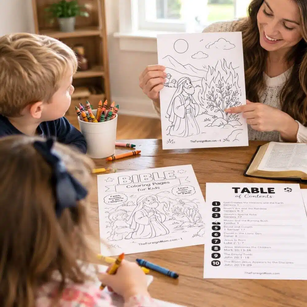 Sunday school teacher using printable Bible coloring pages with children during a Bible lesson.