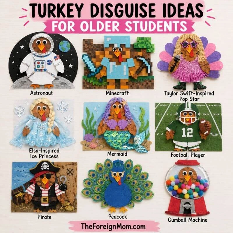 Nine turkey disguise ideas for older students including astronaut, Minecraft, pop star, ice princess, mermaid, football player, pirate, peacock, and gumball machine.