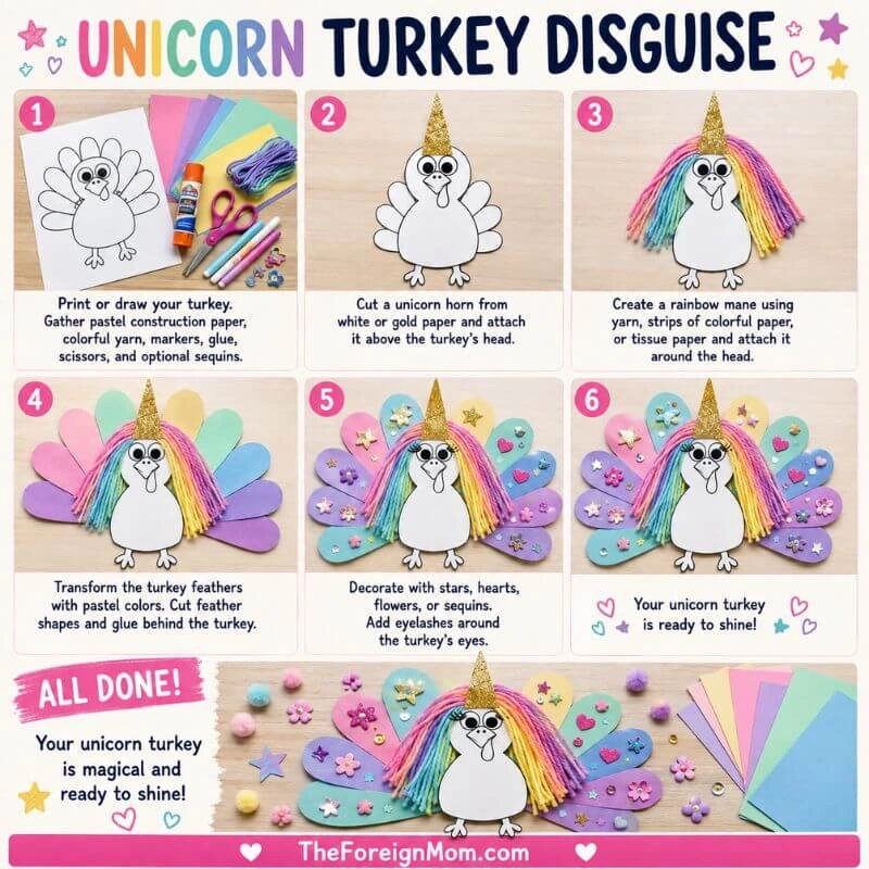 Unicorn turkey disguise step-by-step craft tutorial with rainbow yarn mane, pastel feathers, and unicorn horn.