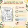 Graphic showing five ways to use printable Bible coloring pages: Sunday school, homeschool, religious education, quiet time, and children’s ministry.