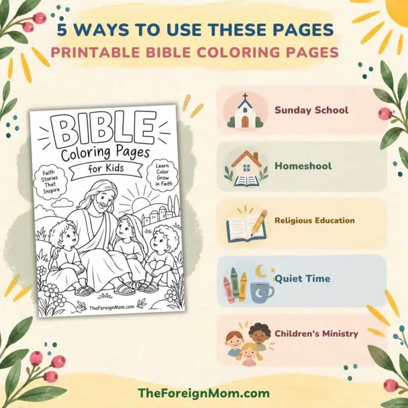 Graphic showing five ways to use printable Bible coloring pages: Sunday school, homeschool, religious education, quiet time, and children’s ministry.