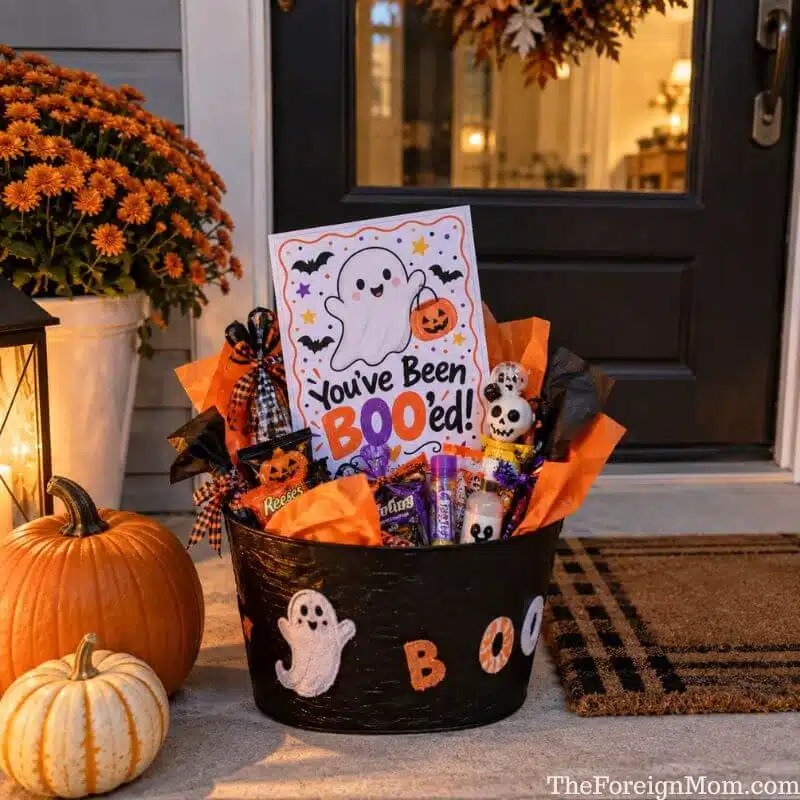You’ve Been Booed Halloween basket with free printable sign, candy, and treats on a neighbor’s front porch.