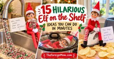 15 hilarious Elf on the Shelf ideas featuring funny Christmas pranks with sprinkles pouring from a faucet, an elf in a slow cooker, and an elf ironing potato chips.