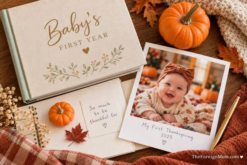 Baby’s First Thanksgiving memory book with baby photo, pumpkins, and fall keepsakes.