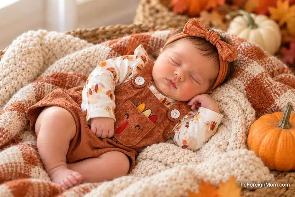 Newborn baby wearing a little turkey Thanksgiving outfit with pumpkins and cozy fall blankets.