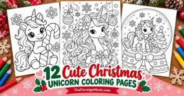 Three adorable Christmas unicorn coloring pages featuring a unicorn with a candy cane, a festive unicorn with ornaments, and a unicorn snow globe, available as free printable coloring sheets for kids.