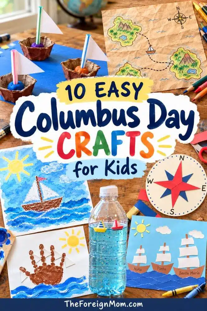 Pinterest pin featuring 10 easy Columbus Day crafts for kids, including ship, compass, map, and ocean crafts.