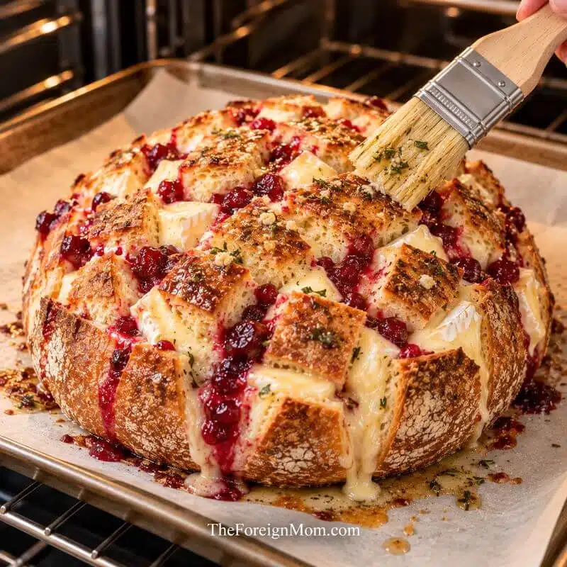 Golden brown cranberry Brie pull apart bread on a parchment-lined baking sheet, brushed with honey-herb butter and filled with melted Brie cheese and cranberry sauce.