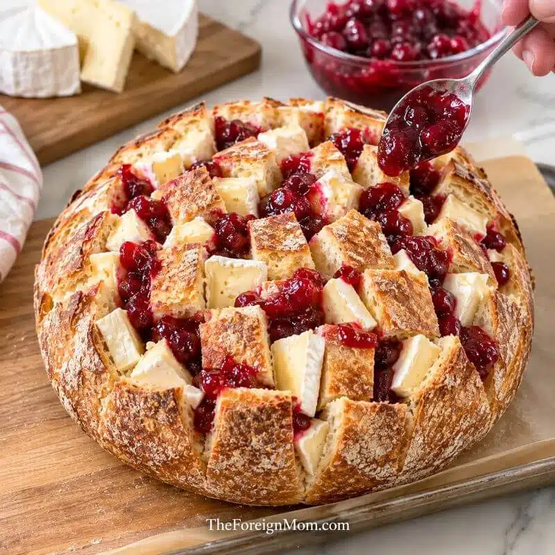 Round sourdough loaf stuffed with chunks of Brie cheese and whole-berry cranberry sauce between the bread cubes, showing how to prepare cranberry Brie pull apart bread before baking.