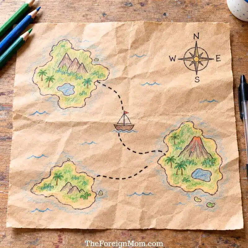 Crumpled kraft paper map with colored islands, a dotted sailing route, a small ship, and a compass rose.