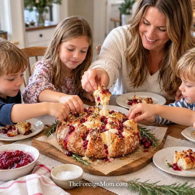 Mother and three children enjoying homemade cranberry Brie pull apart bread with gooey melted cheese, cranberry sauce, and golden sourdough at the family table.