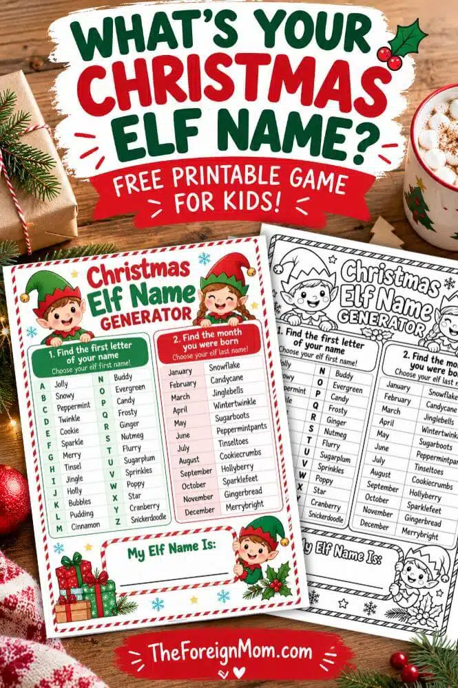 Free Christmas elf name generator printable for kids featuring colorful and black-and-white worksheets with funny elf names and festive Christmas decorations.