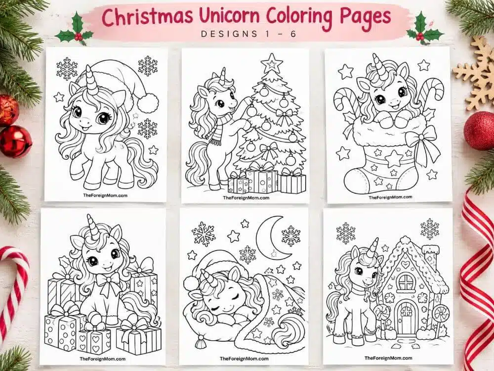 Collage of 6 free Christmas unicorn coloring pages featuring unicorns with Santa hats, Christmas trees, stockings, presents, snowflakes, and a gingerbread house.
