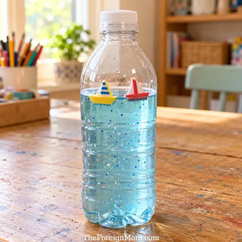 Clear bottle filled with blue water, glitter, and two floating foam sailboats, with a sealed white cap.