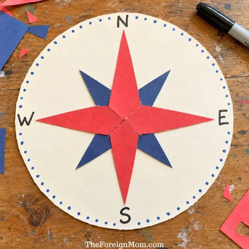 Red and navy paper compass rose on a cream circle labeled N, E, S, and W.