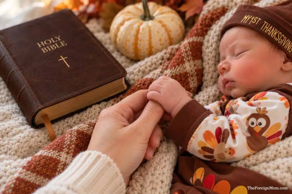 Newborn baby holding a parent’s finger beside a closed Holy Bible and pumpkin for Thanksgiving.