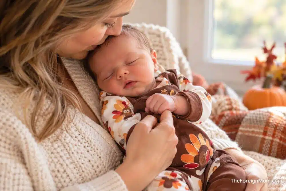 Mom cuddling her newborn baby in a My First Thanksgiving outfit by a window.