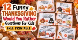 Free printable Thanksgiving Would You Rather Questions for kids featuring 12 funny Thanksgiving game cards for family gatherings and classroom parties.