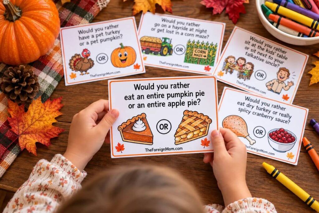 Child holding a Thanksgiving Would You Rather printable card featuring pumpkin pie or apple pie, with colorful Thanksgiving question cards on a table.