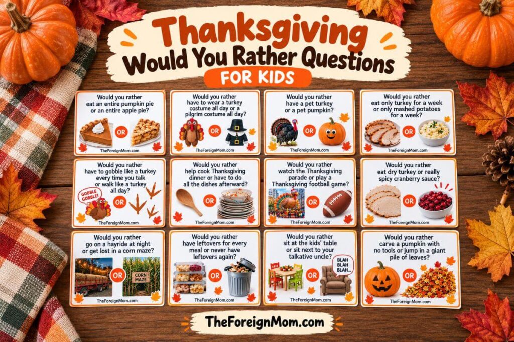 Overview of 12 Thanksgiving Would You Rather questions for kids featuring colorful printable cards with funny Thanksgiving choices.