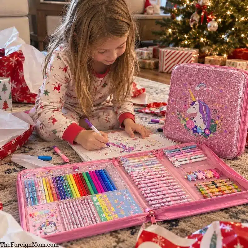 Young girl in Christmas pajamas coloring with her pink unicorn art supply kit beside the Christmas tree after opening her present.