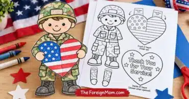 Free Veterans Day soldier craft for kids featuring a colorful camouflage soldier holding an American flag heart, with printable coloring and folding templates.