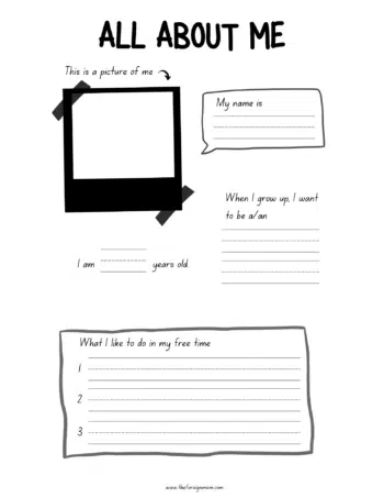 All About Me printable in black and white.
