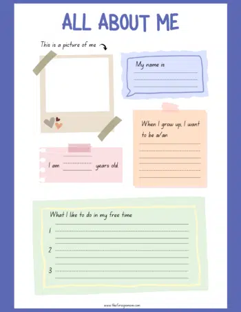 All about me printable in blue color.
