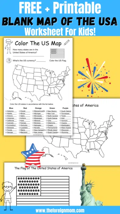 Blank map of the United States. Flag of the United States.