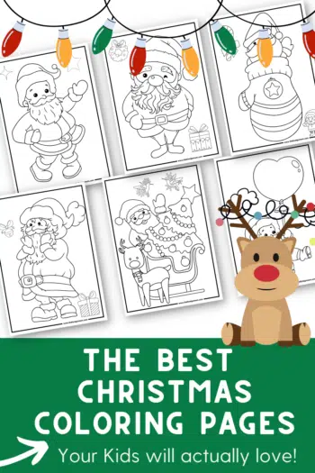 Six different Christmas-themed coloring pages for kids.