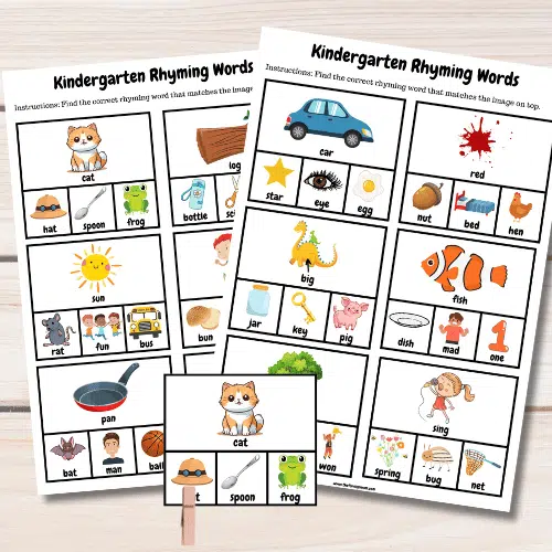 Rhyming words clip cards for Kindergartners.