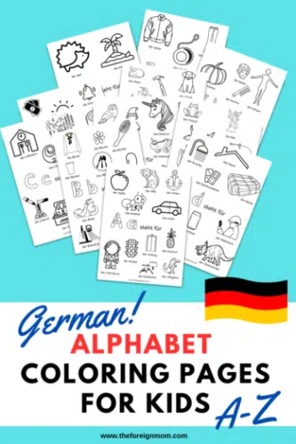 German Alphabet Coloring Pages A-Z. German Flag. Blue background.