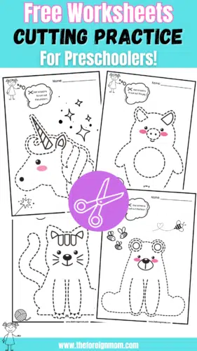 4 different cutting practice worksheets for kids. Unicorn, pig, cat, and bear.