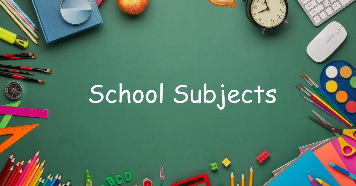 School Subjects. School Chalkboard with school supplies around it.