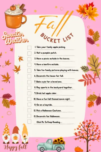 Fun Fall Bucket List on pink background.
