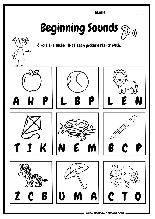 Beginner Sounds worksheet for Kindergarten. Apple worksheet.