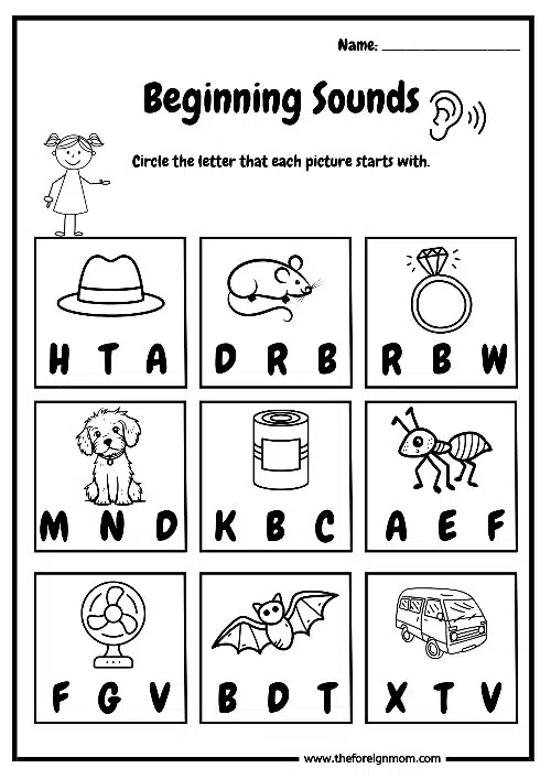 Beginner Sounds Worksheets for kindergartners. Hat worksheet.