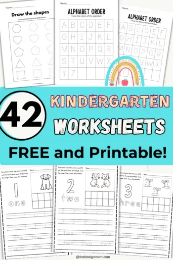 42 Kindergarten Worksheets. Two Alphabet Tracing Worksheets, Shape Tracing Worksheet, and Number Tracing Worksheet.