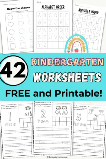 42 Kindergarten Worksheets. Two Alphabet Tracing Worksheets, Shape Tracing Worksheet, and Number Tracing Worksheet.