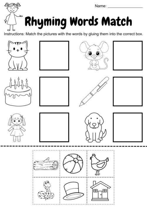 Rhyming Words Matching Worksheets for Kindergartners.