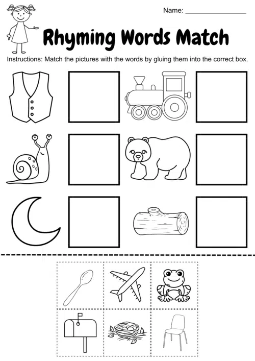 Rhyming words worksheet for kindergartners.