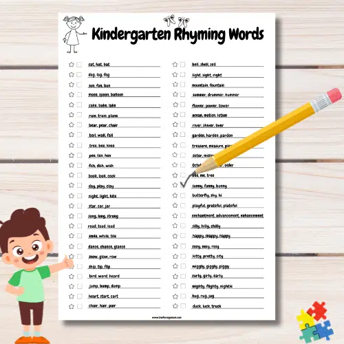 A list of rhyming words for Kindergartners that is more advanced.