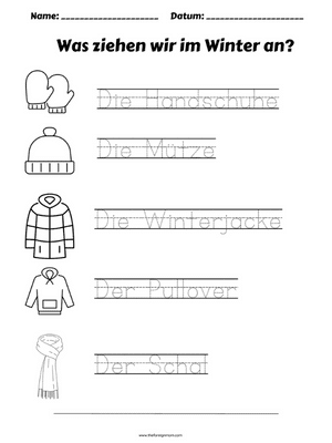 Winter Worksheet in German - What do we wear in the winter?